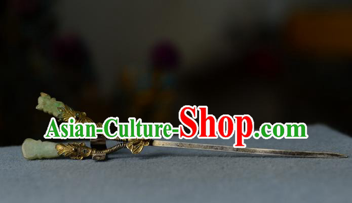 Chinese Ancient Imperial Consort Jade Hairpin Traditional Silver Headpiece Handmade Qing Dynasty Court Woman Hair Stick