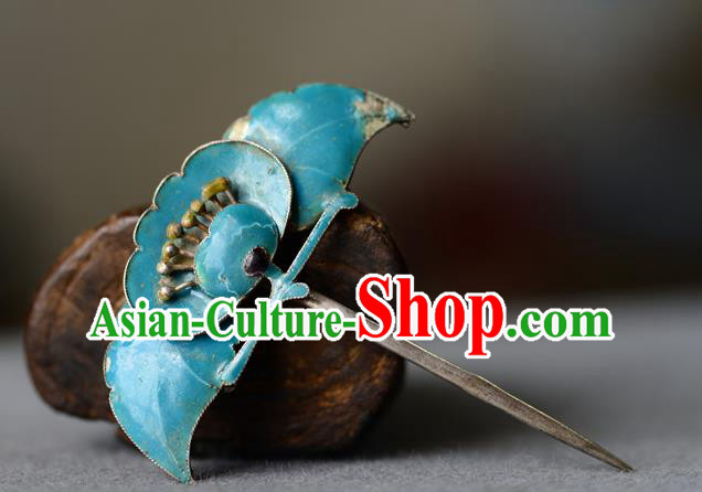 Chinese Handmade Qing Dynasty Cloisonne Peach Hair Stick Ancient Imperial Consort Hairpin Traditional Blueing Headwear