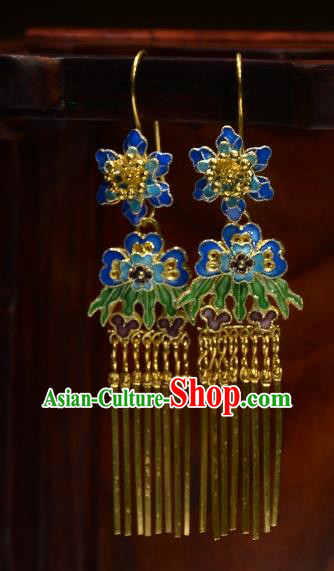 Handmade Chinese Traditional Blueing Flowers Eardrop Cheongsam Ear Jewelry Qing Dynasty Court Ear Accessories National Golden Tassel Earrings