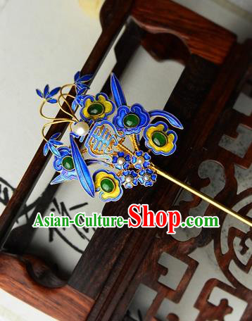 Chinese Traditional Cloisonne Headpiece Handmade Qing Dynasty Empress Hair Stick Ancient Court Woman Jade Hairpin