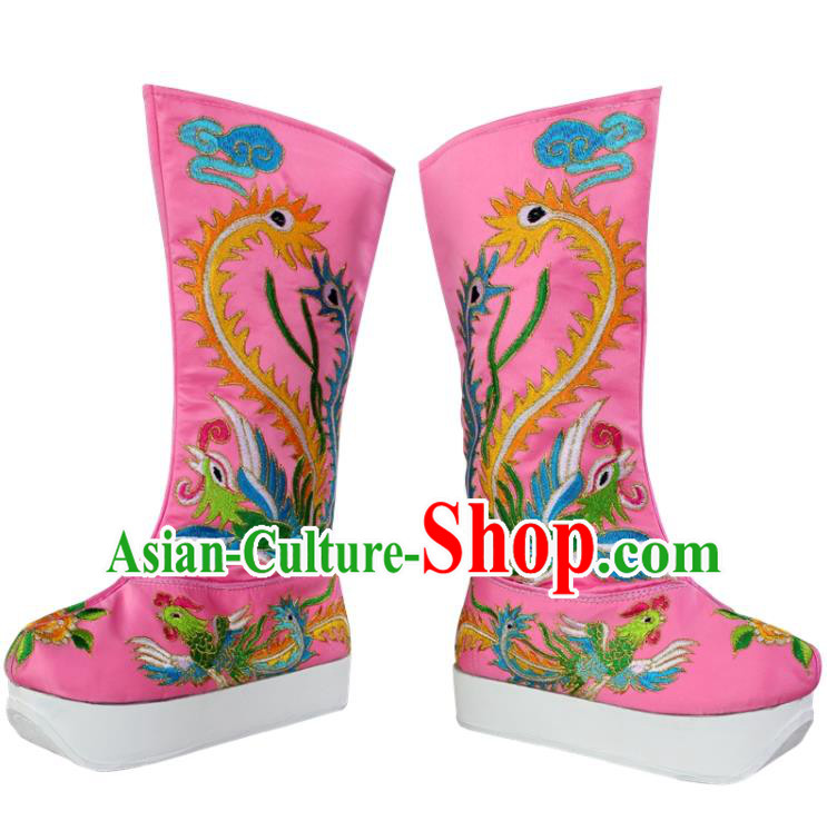 China Beijing Opera Hua Tan Shoes Ancient Empress Embroidered Pink Satin Boots Kun Opera Actress Shoes
