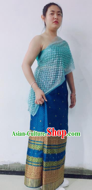 Chinese Yunnan Ethnic Garment Costume Dai Nationality Water Sprinkling Festival Blue Dress Tai Minority Female Dance Clothing