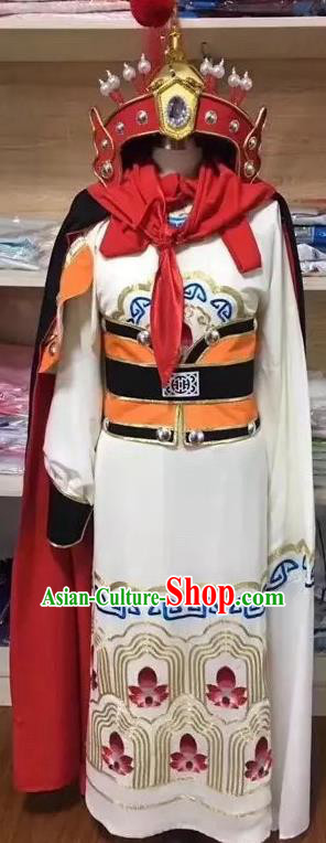 China Peking Opera Wusheng Embroidered White Robe Beijing Opera Takefu Garment Costume Ancient General Clothing and Hat
