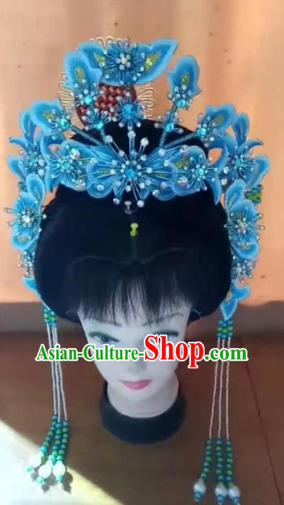Chinese Beijing Opera Actress Blue Flowers Hair Crown Peking Opera Diva Phoenix Coronet Headdress Ancient Princess Hair Accessories