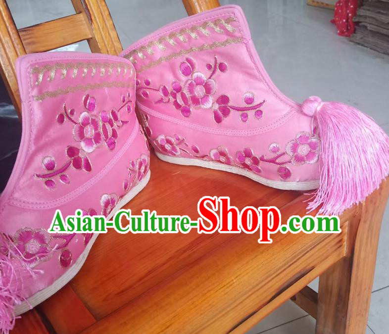 China Ancient Swordswoman Embroidered Pink Boots Kun Opera Actress Shoes Beijing Opera Hua Tan Shoes