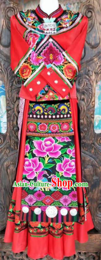 Chinese Sichuan Minority Festival Red Dress Tujia Nationality Dance Uniforms Yi Ethnic Group Women Garment Costumes