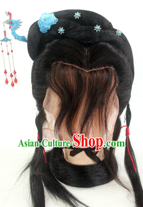 Chinese Peking Opera Young Woman Headdress Ancient Fairy Front Lace Wigs Hair Accessories Beijing Opera Hua Tan Hairpieces