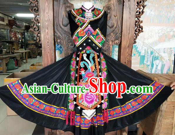 Chinese Miao Nationality Dance Uniforms Yi Ethnic Group Women Garment Costumes Sichuan Minority Festival Black Dress