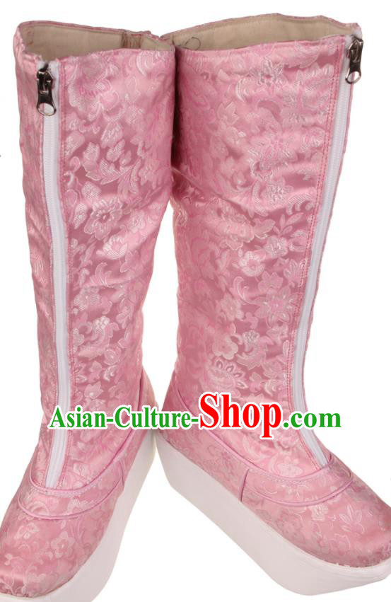 China Beijing Opera Hua Tan Shoes Ancient Swordswoman Pink Satin Boots Peking Opera Blues Shoes