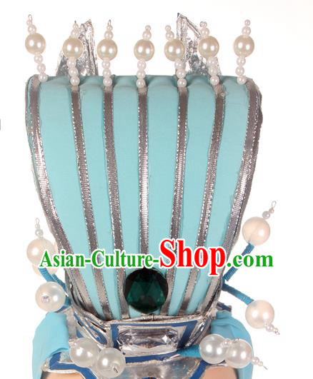 Chinese Beijing Opera Xiaosheng Hat Peking Opera Bridegroom Blue Hairdo Crown Ancient Scholar Headdress