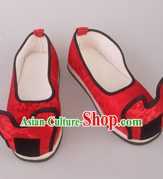 China Beijing Opera Scholar Shoes Ancient Bridegroom Red Satin Shoes Tang Dynasty Male Shoes Wedding Shoes