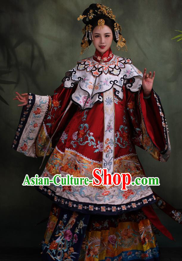 China Traditional Wedding Embroidered Red Hanfu Dress Qing Dynasty Court Historical Clothing Ancient Imperial Consort Garment Costumes