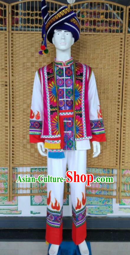 China Yi Minority Male Outfits Lisu Nationality Dance Embroidered Clothing Ethnic Wedding Costumes