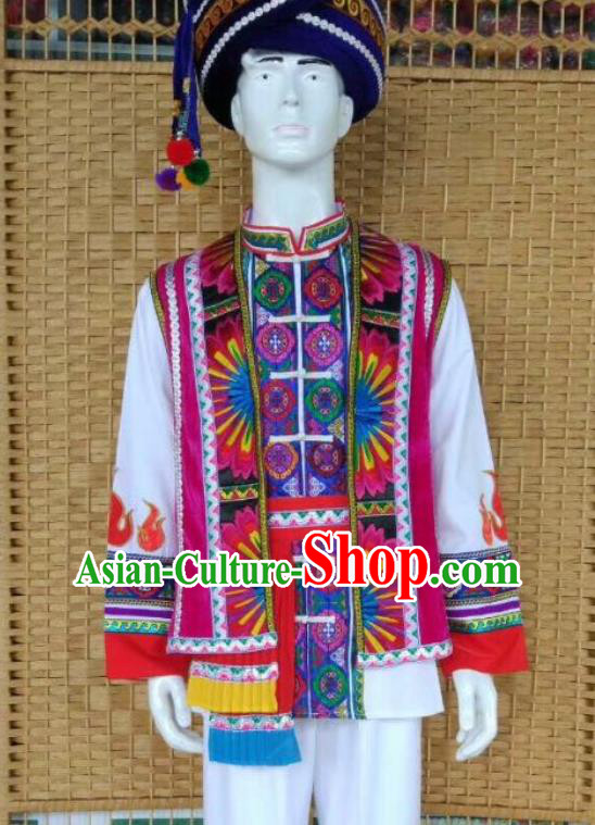 China Yi Minority Male Outfits Lisu Nationality Dance Embroidered Clothing Ethnic Wedding Costumes