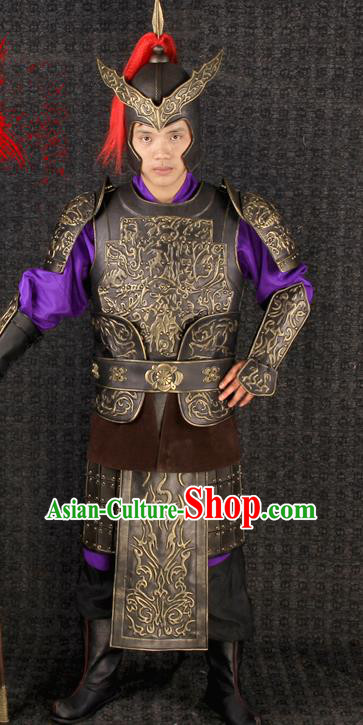 China Traditional Strategos Clothing Han Dynasty General Brown Armor Uniforms Ancient Military Officer Garment Costumes and Headdress