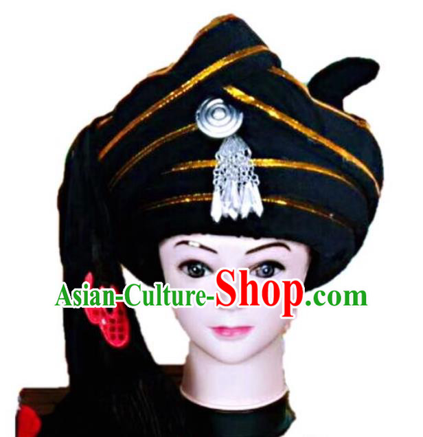 China Ii Nationality Folk Dance Headdress Lisu Minority Stage Performance Headwear Yunnan Ethnic Male Black Hat