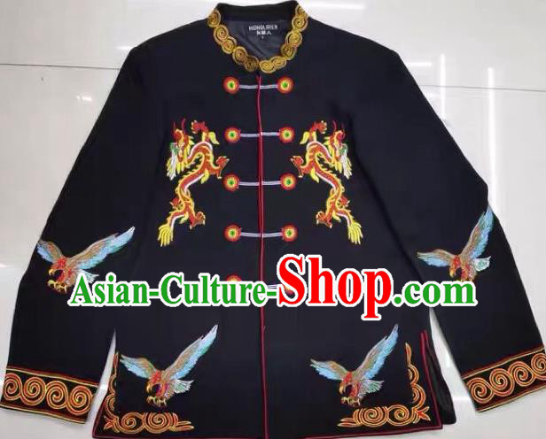 China Ethnic Costume Yi Minority Male Outer Garment Sichuan Nationality Dance Embroidered Black Jacket