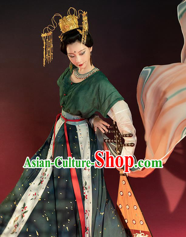 China Traditional Tang Dynasty Court Lady Historical Clothing Ancient Court Princess Green Hanfu Dress Garments