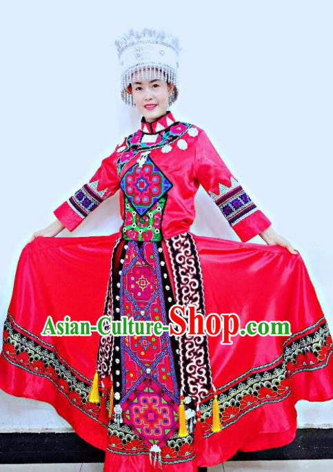 Chinese Xiangxi Ethnic Group Women Garment Costumes Qiang Minority Dance Clothing Yi Nationality Bride Red Uniforms