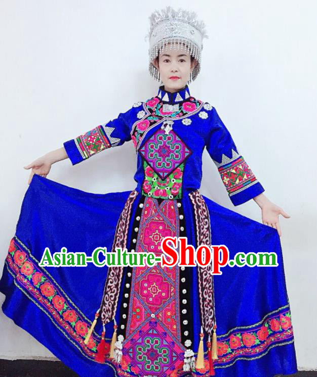 Chinese Yi Nationality Bride Blue Uniforms Xiangxi Ethnic Group Women Garment Costumes Qiang Minority Dance Clothing