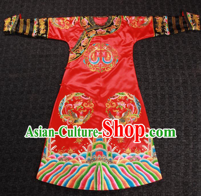 China Ancient Manchu Empress Red Dress Qing Dynasty Queen Embroidered Garment Costumes Traditional Wedding Female Attire