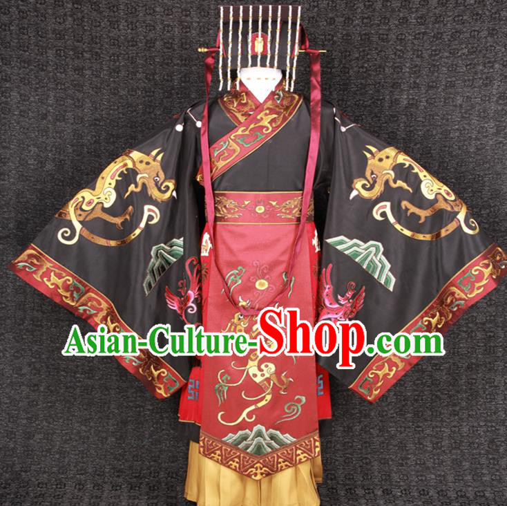 China Ancient Royal King Garment Costumes Traditional Embroidered Imperial Robe Clothing Han Dynasty Emperor Uniforms and Hair Accessories