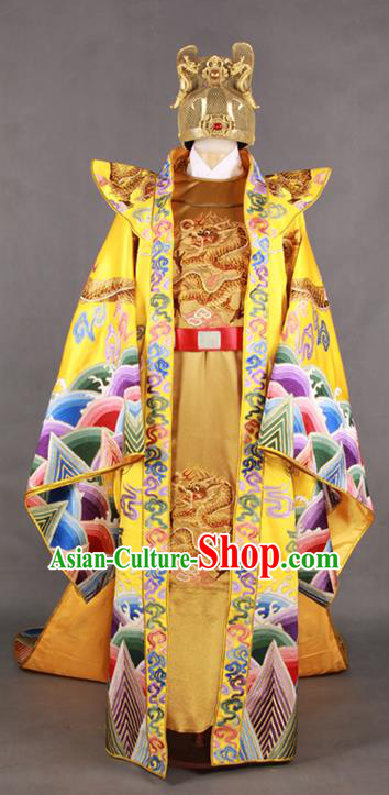 China Ming Dynasty Emperor Golden Uniforms Ancient Royal King Garment Costumes Traditional Embroidered Imperial Robe Clothing and Hat