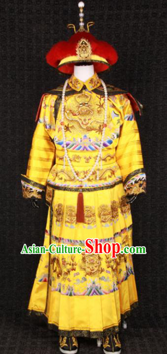 China Ancient Royal Lord Garment Costumes Traditional Embroidered Yellow Imperial Robe Clothing Qing Dynasty Emperor Qianlong Uniforms and Hat