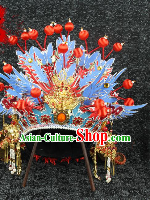 Chinese Ming Dynasty Wedding Hair Accessories Ancient Bride Headdress Traditional Hanfu Blue Phoenix Coronet