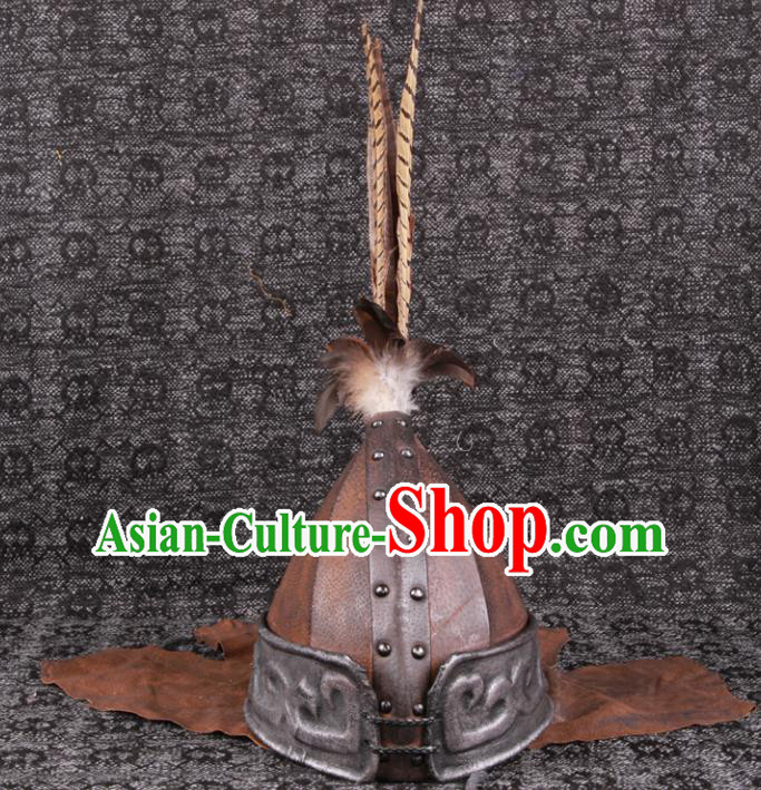 Chinese Yuan Dynasty Warrior Hat Ancient General Brown Helmet Traditional Drama Soldier Headwear