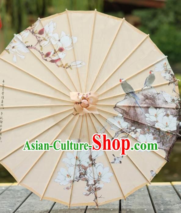 Chinese Traditional Hanfu Prop Painting Mangnolia Umbrella Classical Dance Umbrellas Handmade Beige Silk Umbrella