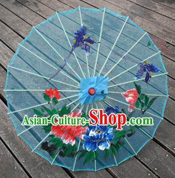 Chinese Traditional Hanfu Bumbershoot Prop Hand Painting Peony Umbrella Classical Dance Umbrellas Blue Silk Umbrella