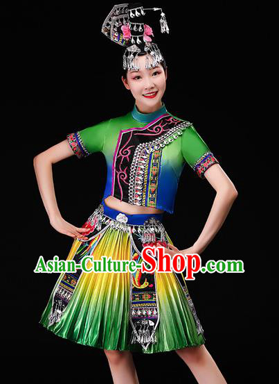 Chinese Miao Nationality Female Performance Clothing Hmong Minority Folk Dance Garment Costumes Ethnic Dance Green Dress Outfits