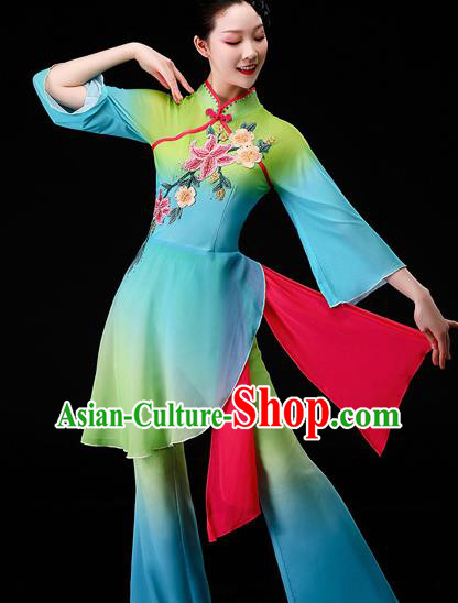 China Umbrella Dance Clothing Stage Performance Fashion Classical Dance Green Dress Women Group Dance Garment Costumes