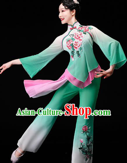 Chinese Folk Dance Green Chiffon Uniforms Traditional Fan Dance Garment Costumes Yangko Square Performance Clothing Yangge Dance Apparels