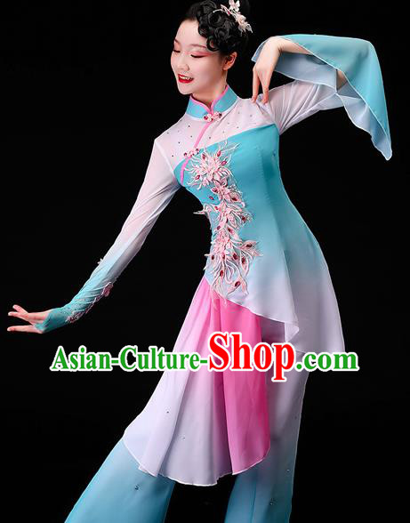 China Classical Dance Blue Dress Women Group Dance Garment Costumes Umbrella Dance Clothing Stage Performance Fashion