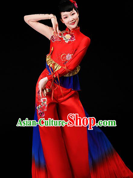 Chinese Yangko Performance Clothing Drum Dance Apparels Folk Dance Red Satin Uniforms Traditional Fan Dance Garment Costumes