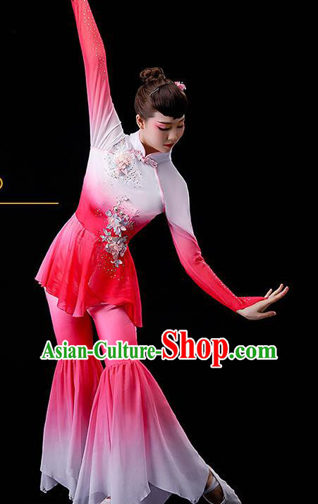 China Classical Dance Pink Dress Drum Dance Garment Costumes Fan Dance Clothing Stage Performance Fashion Uniforms