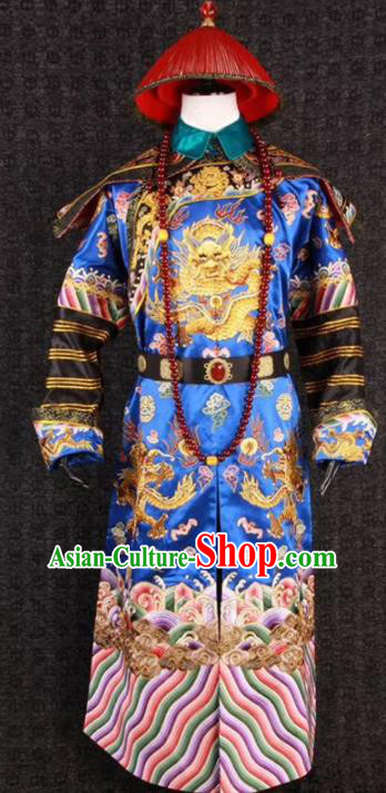 China Ancient Minister Garment Costumes Traditional Drama Royalblue Robe Clothing Qing Dynasty Royal Highness Uniforms and Hat