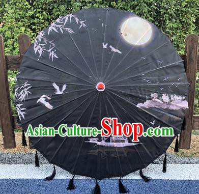 Chinese Handmade Black Silk Umbrellas Printing Landscape Umbrella Classical Dance Umbrella Traditional Hanfu Tassel Umbrella