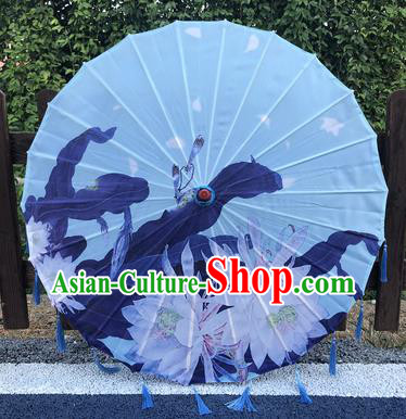 Chinese Traditional Hanfu Tassel Umbrella Handmade Light Blue Silk Umbrellas Printing Epiphyllum Umbrella Classical Dance Umbrella