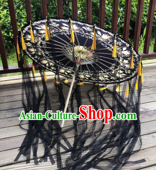 Chinese Handmade Silk Umbrellas Ancient Female Swordsman Umbrella Classical Black Ribbon Tassel Umbrella Traditional Dance Performance Umbrella