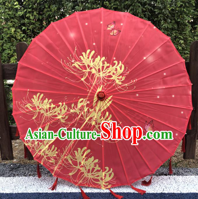 Chinese Printing Manjusaka Red Silk Umbrella Classical Dance Umbrellas Stage Performance Umbrella Traditional Wedding Bumbershoot Classical Dance Prop