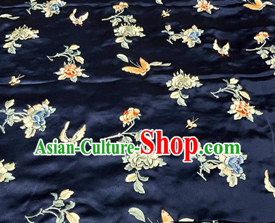 Chinese Tang Suit Drapery Classical Butterfly Flowers Pattern Silk Fabric Qipao Dress Cloth Material Traditional Navy Satin