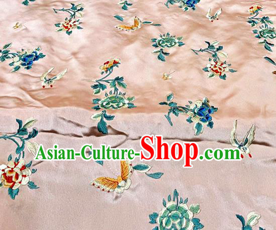 Chinese Tang Suit Drapery Classical Butterfly Flowers Pattern Silk Traditional Qipao Dress Cloth Material Light Pink Satin Fabric