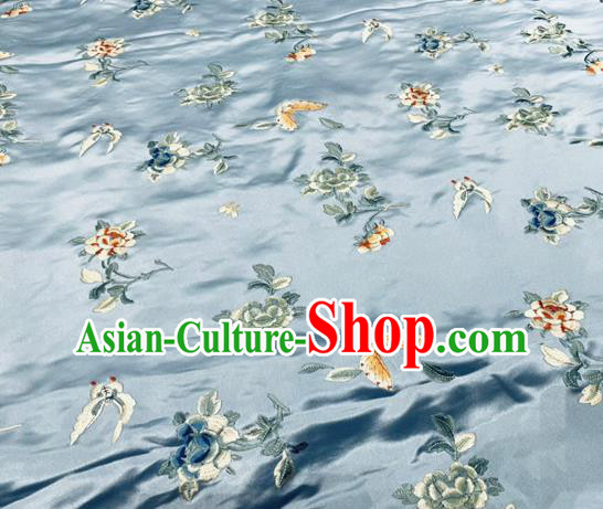 Chinese Traditional Cheongsam Cloth Material Satin Fabric Tang Suit Drapery Classical Butterfly Flowers Pattern Light Blue Silk