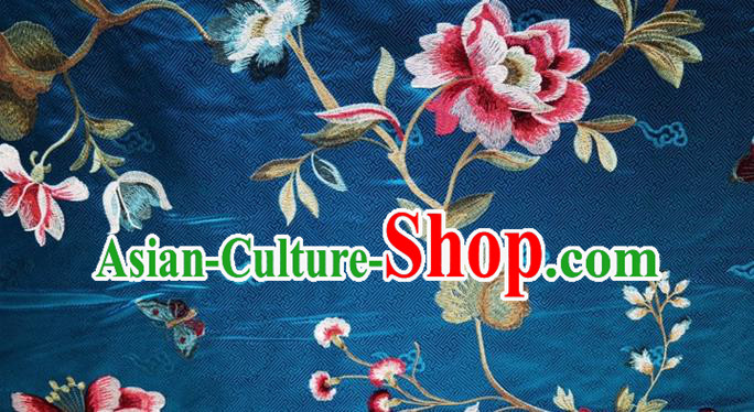 China Traditional Cheongsam Silk Drapery Classical Embroidered Peony Blue Brocade Material Qipao Dress Cloth Tang Suit Damask Fabric
