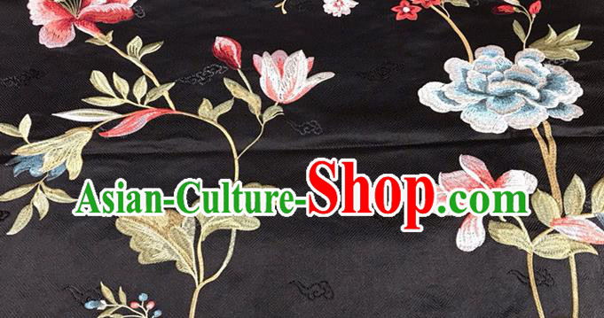 China Qipao Dress Satin Cloth Embroidered Damask Fabric Traditional Tang Suit Silk Drapery Classical Cheongsam Black Brocade Material