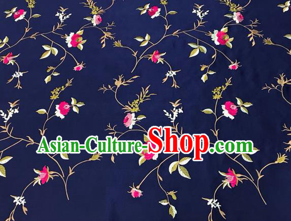 China Classical Little Peony Pattern Silk Fabric Traditional Cheongsam Damask Cloth Mongolian Robe Navy Brocade Material Tang Suit Drapery