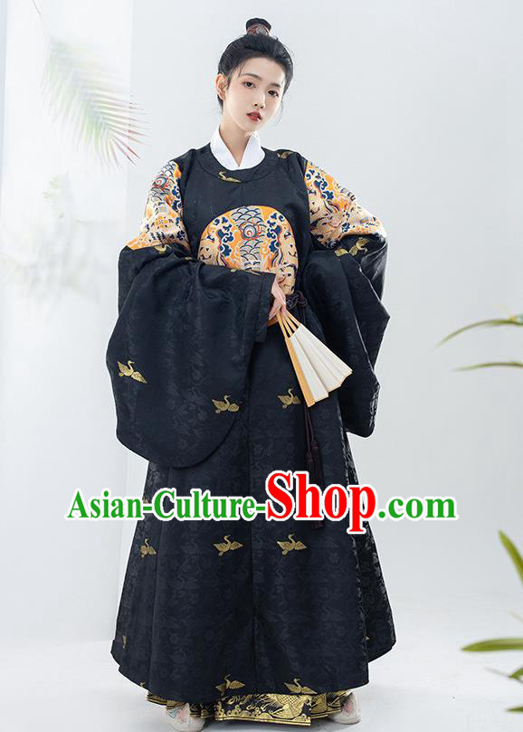China Traditional Embroidered Black Brocade Round Collar Robe Ancient Royal Prince Garment Costumes Ming Dynasty Official Clothing